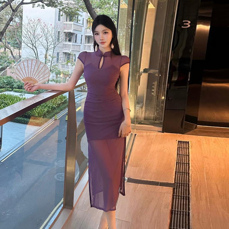 Dam Qipao Klänning Lång Tyll Hög Slits Ärmlös Pendelstil-3