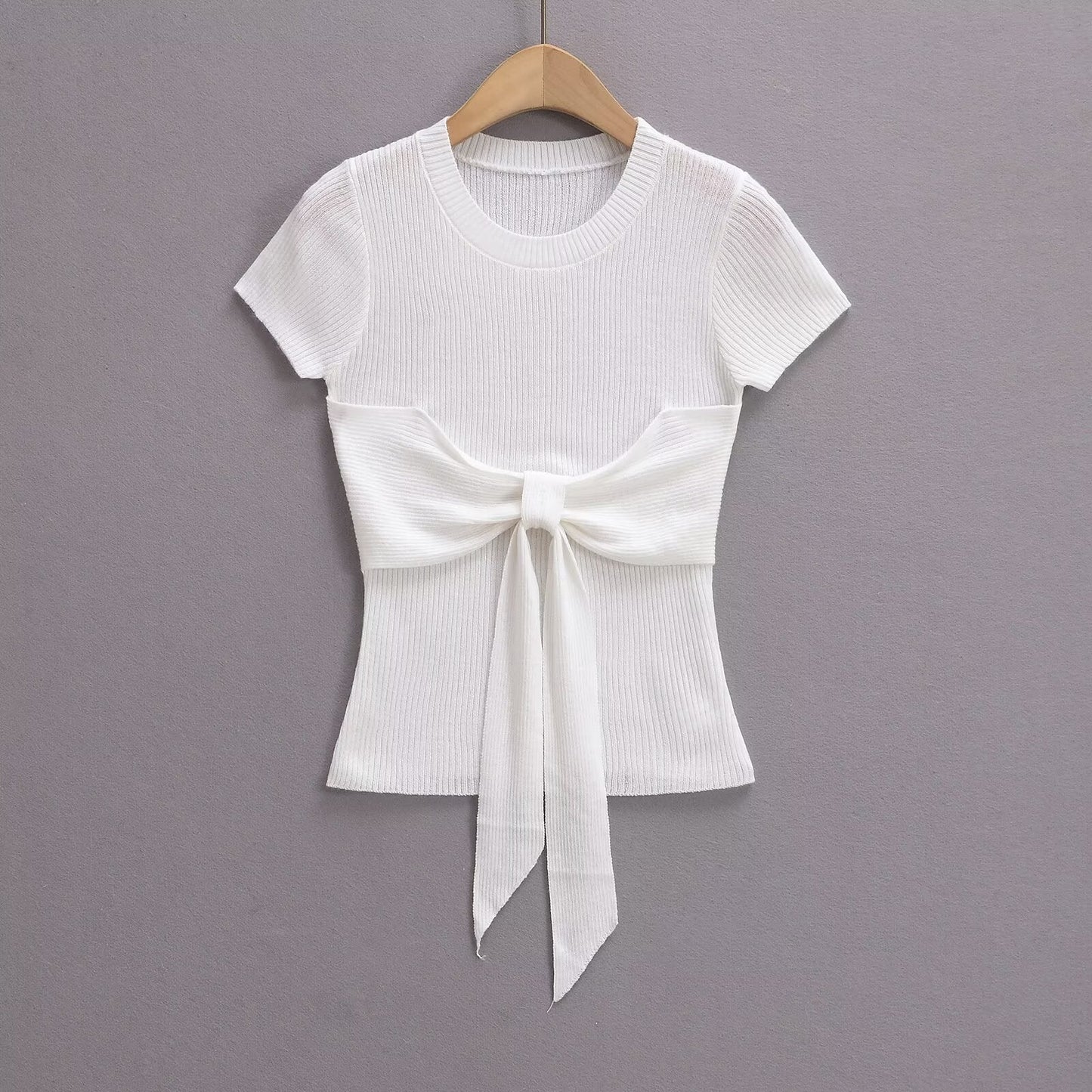 Dam Topp Korta Ärmar Dekorativ Slinga Ribbmaterial-5