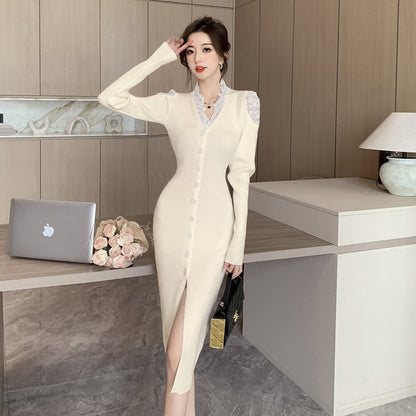 Variant image for Dam Klänning Midi Långärmad V-ringad Patchwork 100% Polyester-7