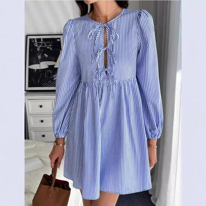 Kvinnors Midi Klänning Puffärmar Randig Bomullsblandning-4