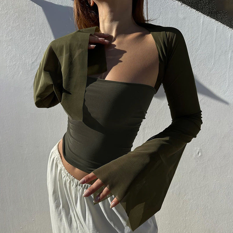 Lång Topp för Kvinnor med Transparenta Ärmar – Figurnära Snitt i Elastisk Materialblandning 3