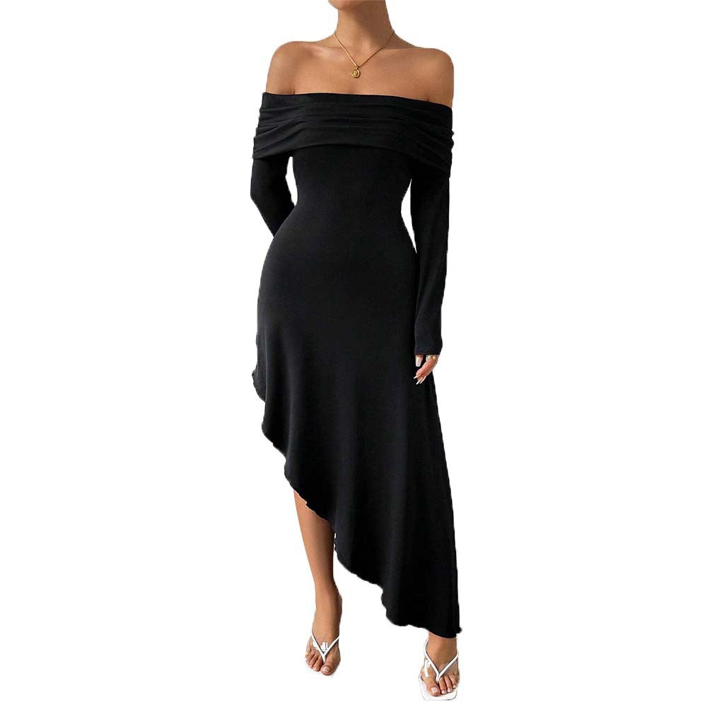 Maxiklänning Dam Off-Shoulder Asymmetrisk Mjuk Elastisk Tyg 6