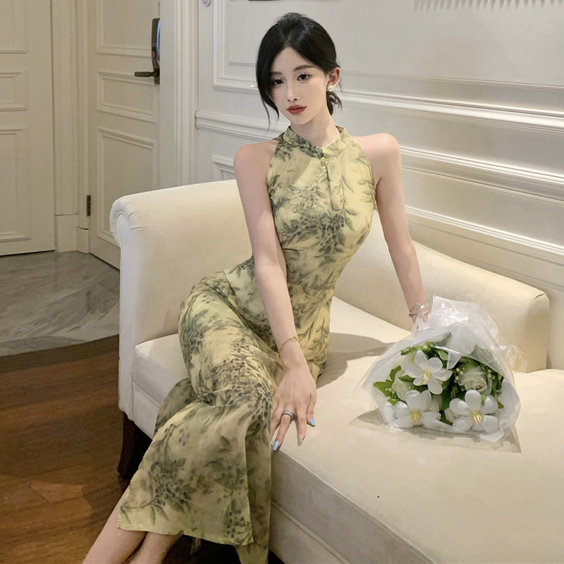 Kvinna Cheongsam Klänning Lång Chiffon-4