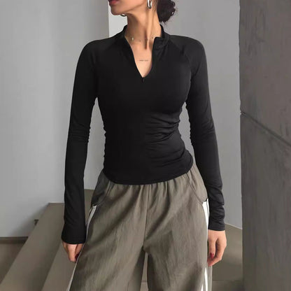 Dam Kort Topp Halvöppen Krage Polyester Långärmad-4