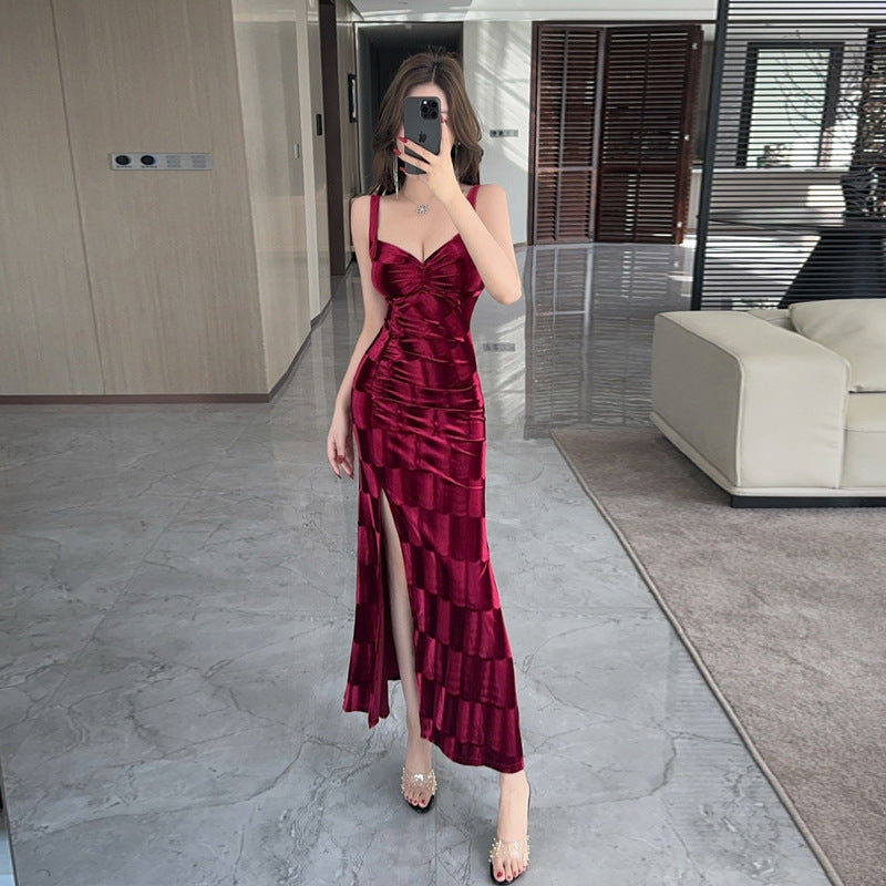 Kvinnors Klänning Ärmlös V-ringning Sammet-3