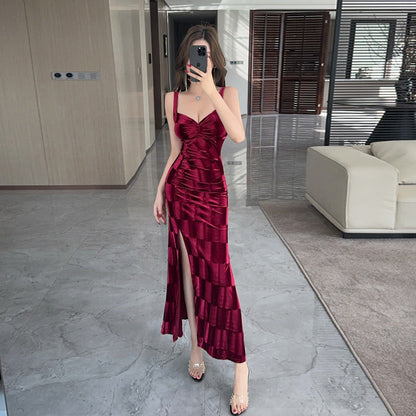 Kvinnors Klänning Ärmlös V-ringning Sammet-3