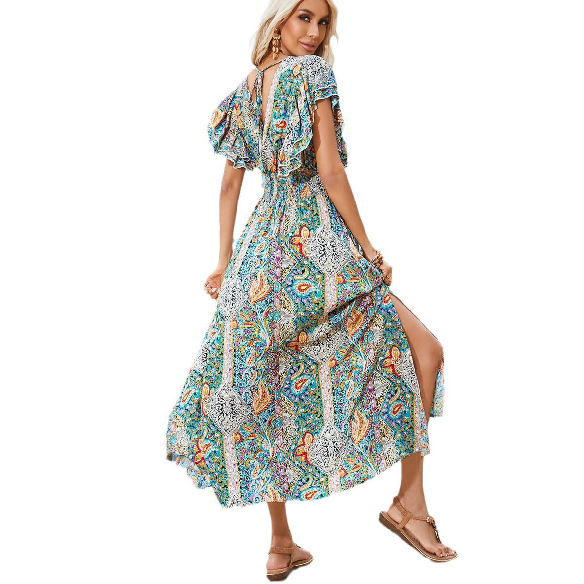 Kvinnors Maxiklänning Bohemisk Stil Kort Ärmar A-linjeformad Polyester-6