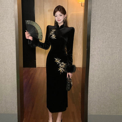 Damklänning Qipao Lång Ärmar Broderad Sammet-4