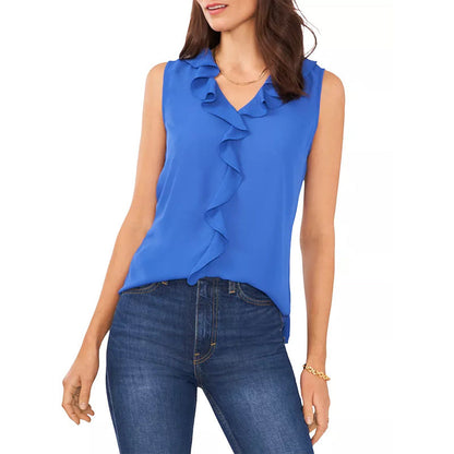 Dam Ärmlös Top V-hals Volangdetaljer Polyester-4