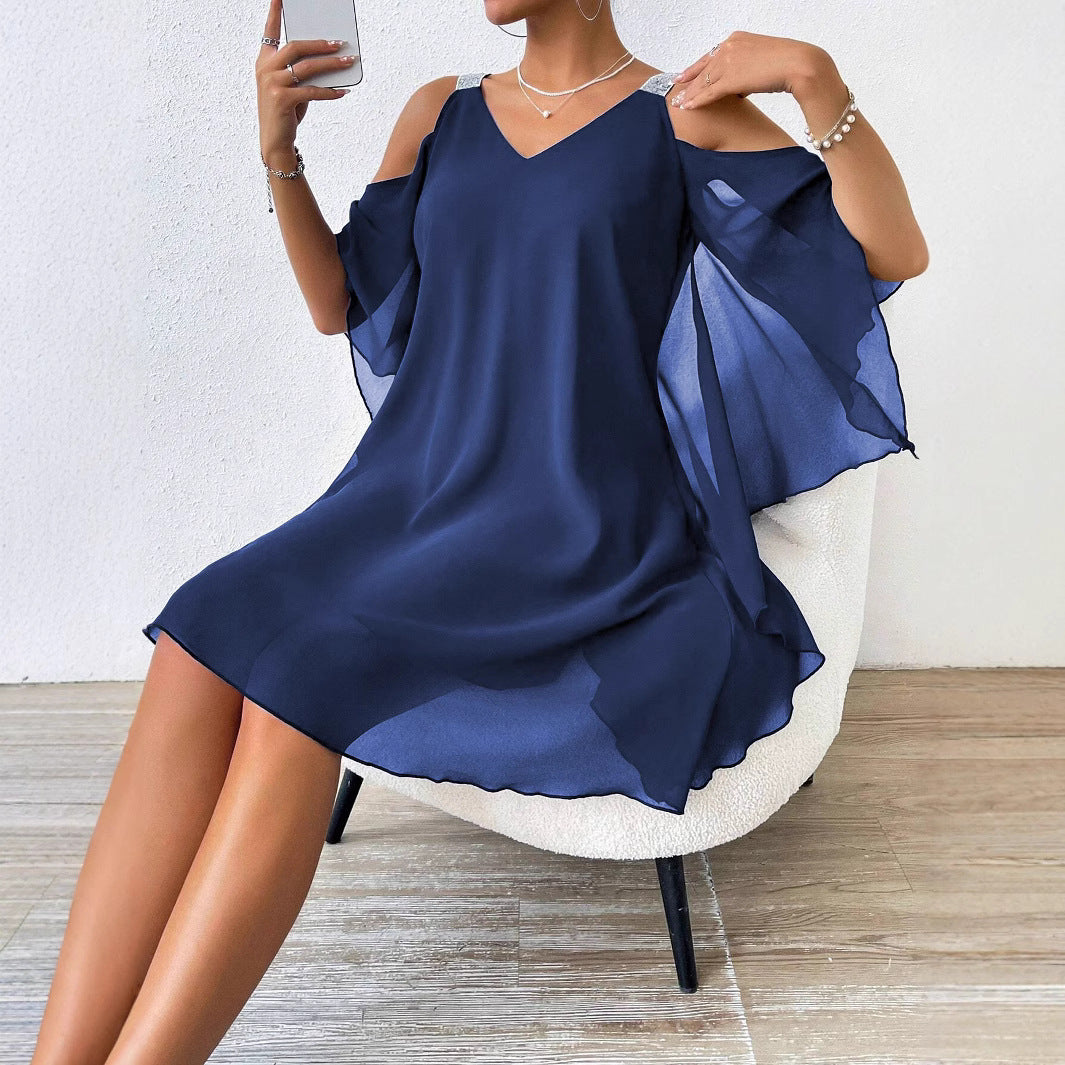 Kvinnor Midi Klänning V-Neck Chiffong med Paljetter-5