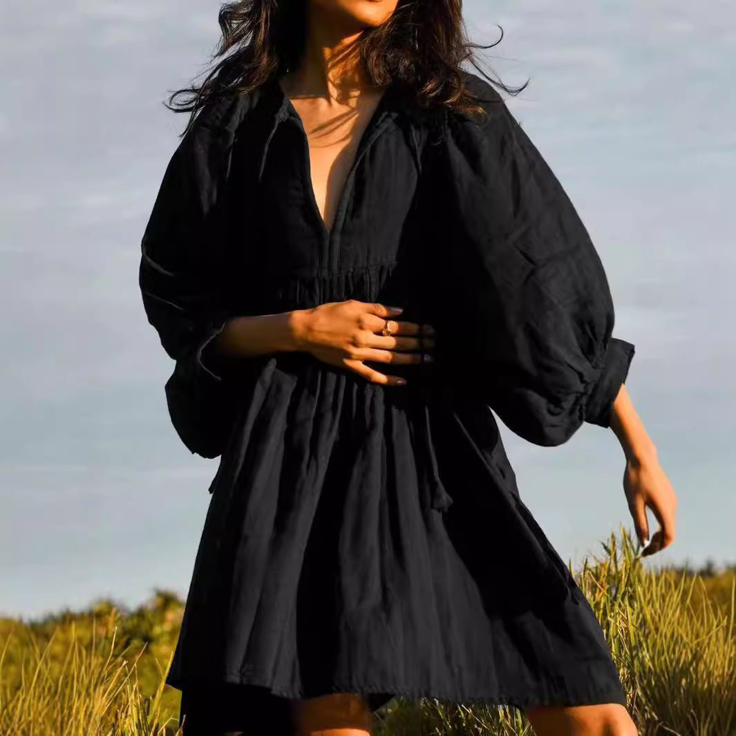 Sommarklänning Dam V-hals Puffärmar Bomull-2