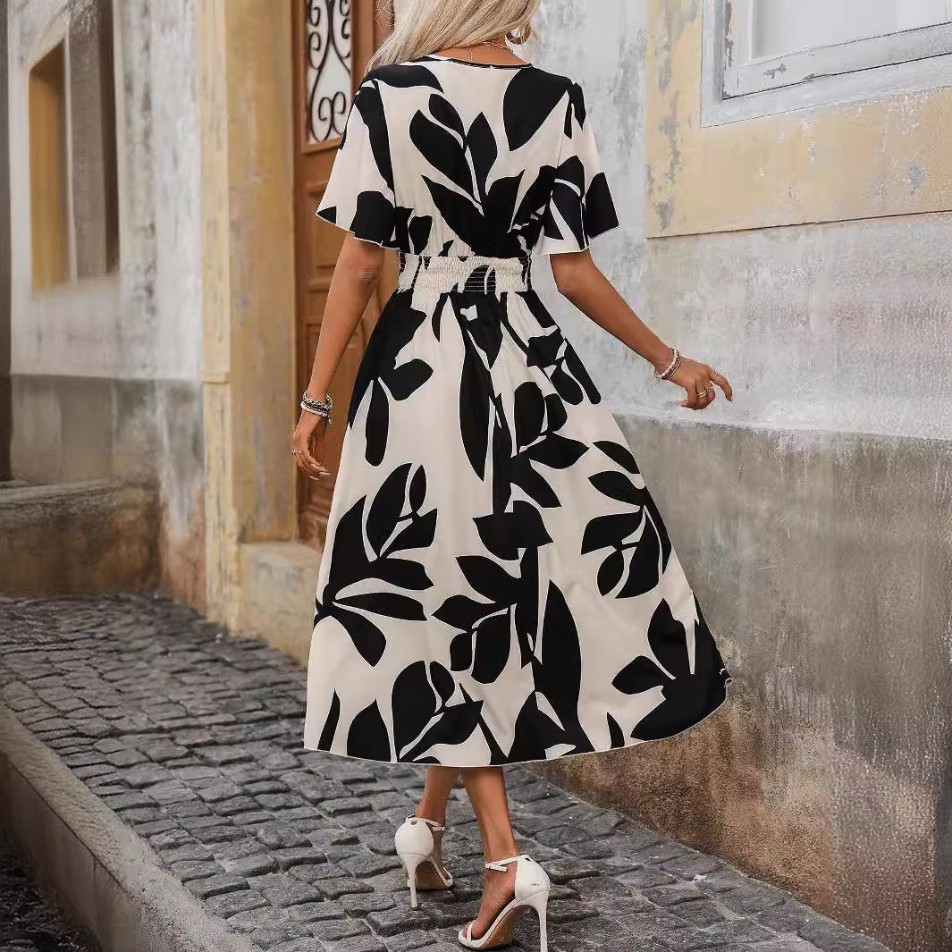 Damklänning A-Line Blommönster Korsad Hals Polyester-3