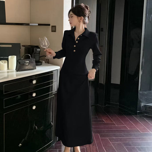 Dam Midiklänning Retro Stil Lång Ärmar Högkvalitativt Tyg-1