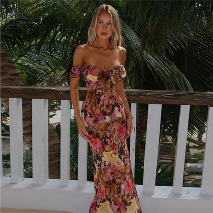 Maxiklänning Dam Off-Shoulder Blommönster Andningsbart Material 1