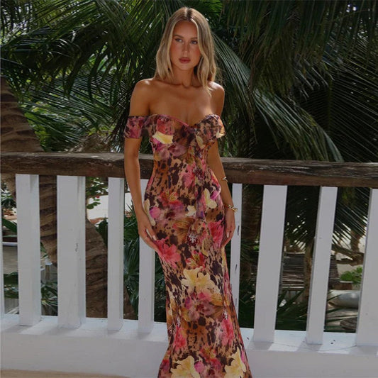 Maxiklänning Dam Off-Shoulder Blommönster Andningsbart Material 1