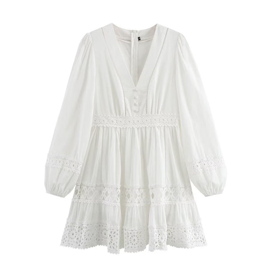 Kvinna A-Line Klänning V-Ringning Viskos Patchwork-1