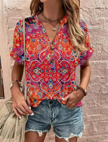 Dam T-shirt V-ringad Kortärmad Spandex Trendig Stil-6