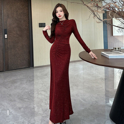 Dam Klänning V-ringad Långärmad Rüschensrock i Högkvalitativt Tyg-4