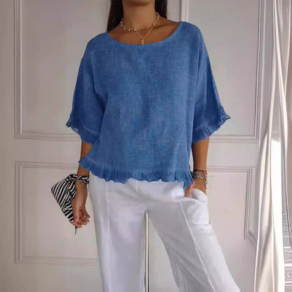 Dam T-shirt Rufsade Detaljer Löst Snitt Bomull-4