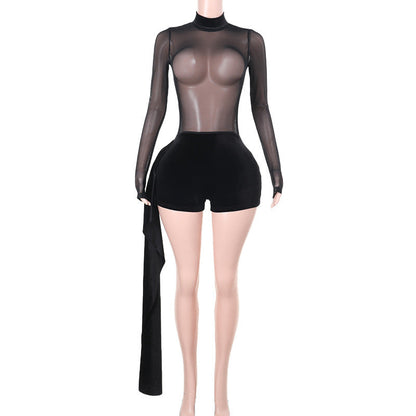 Kvinnors Asymmetrisk Jumpsuit med Transparenta Ärmar i Elastiskt Material – Slim Fit för Kvällsevenemang 1