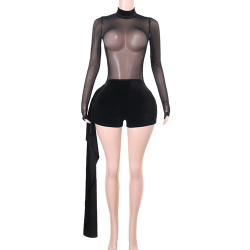 Kvinnors Asymmetrisk Jumpsuit med Transparenta Ärmar i Elastiskt Material – Slim Fit för Kvällsevenemang 1