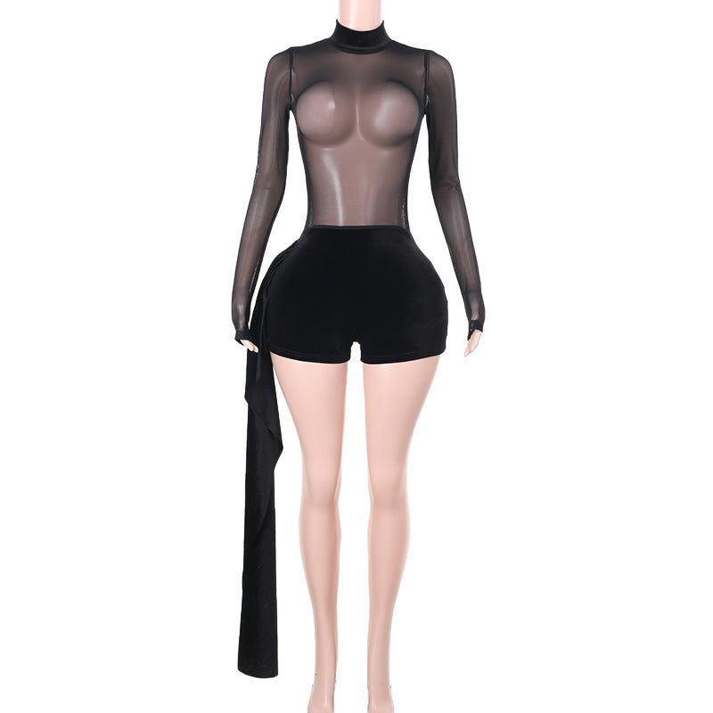 Kvinnors Asymmetrisk Jumpsuit med Transparenta Ärmar i Elastiskt Material – Slim Fit för Kvällsevenemang 7