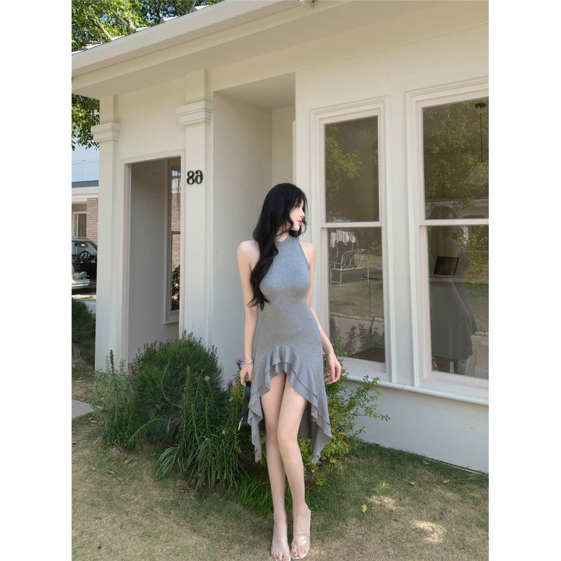 Kvinnors Mini Klänning Volang Rund Halsringning Högkvalitativ Blandning-4