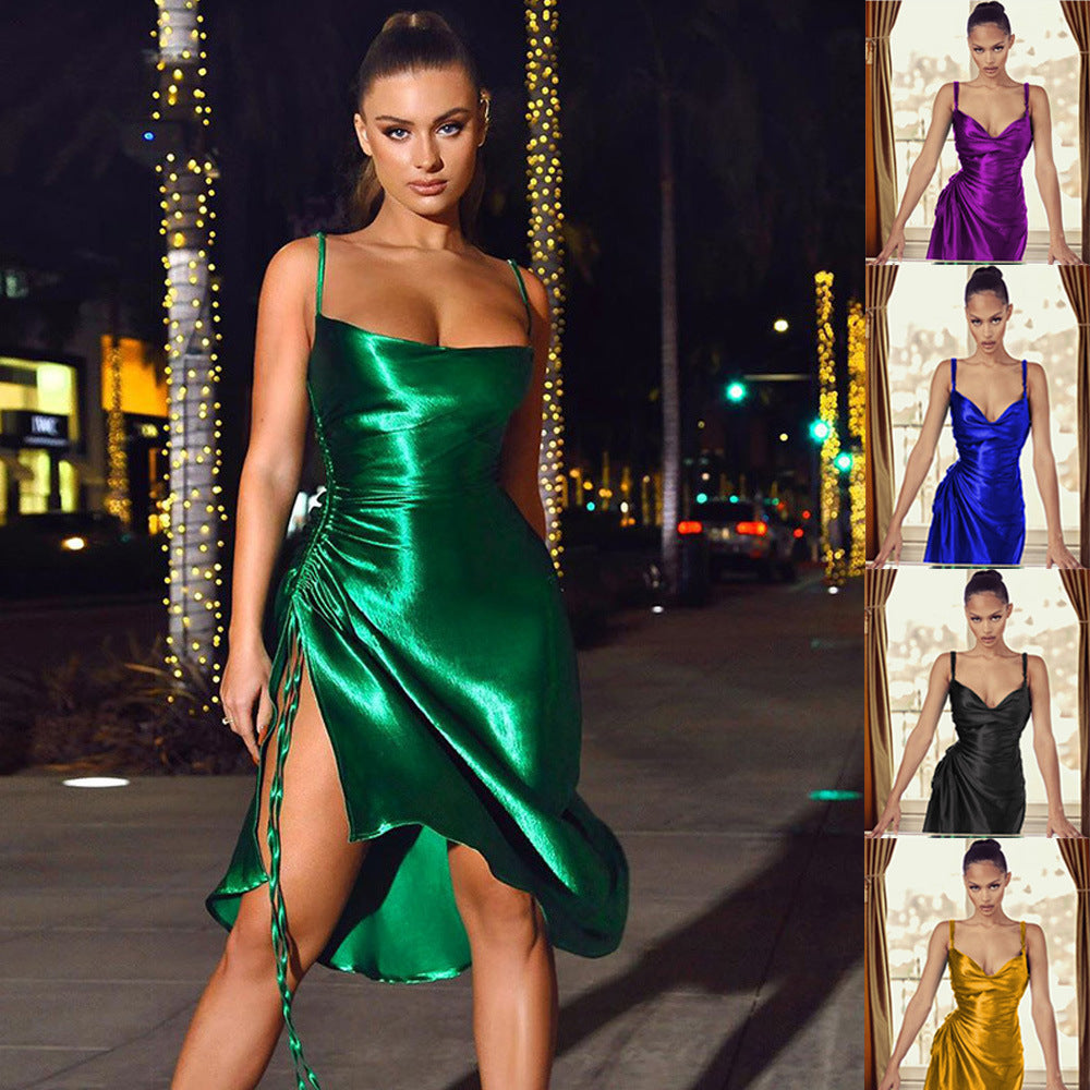 Kvinnors Midi Klänning Asymmetrisk Satin Spaghetti Band-2