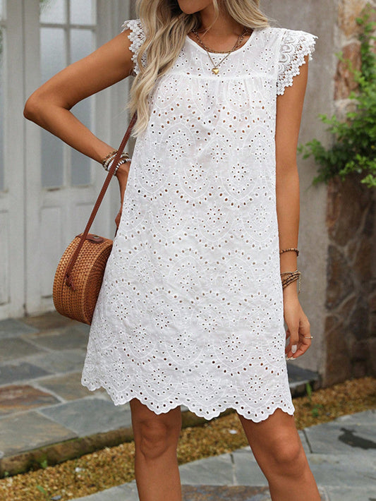 Kvinna Midi Klänning V-ringning Broderad A-linjeformad Kvalitetsblandning-1