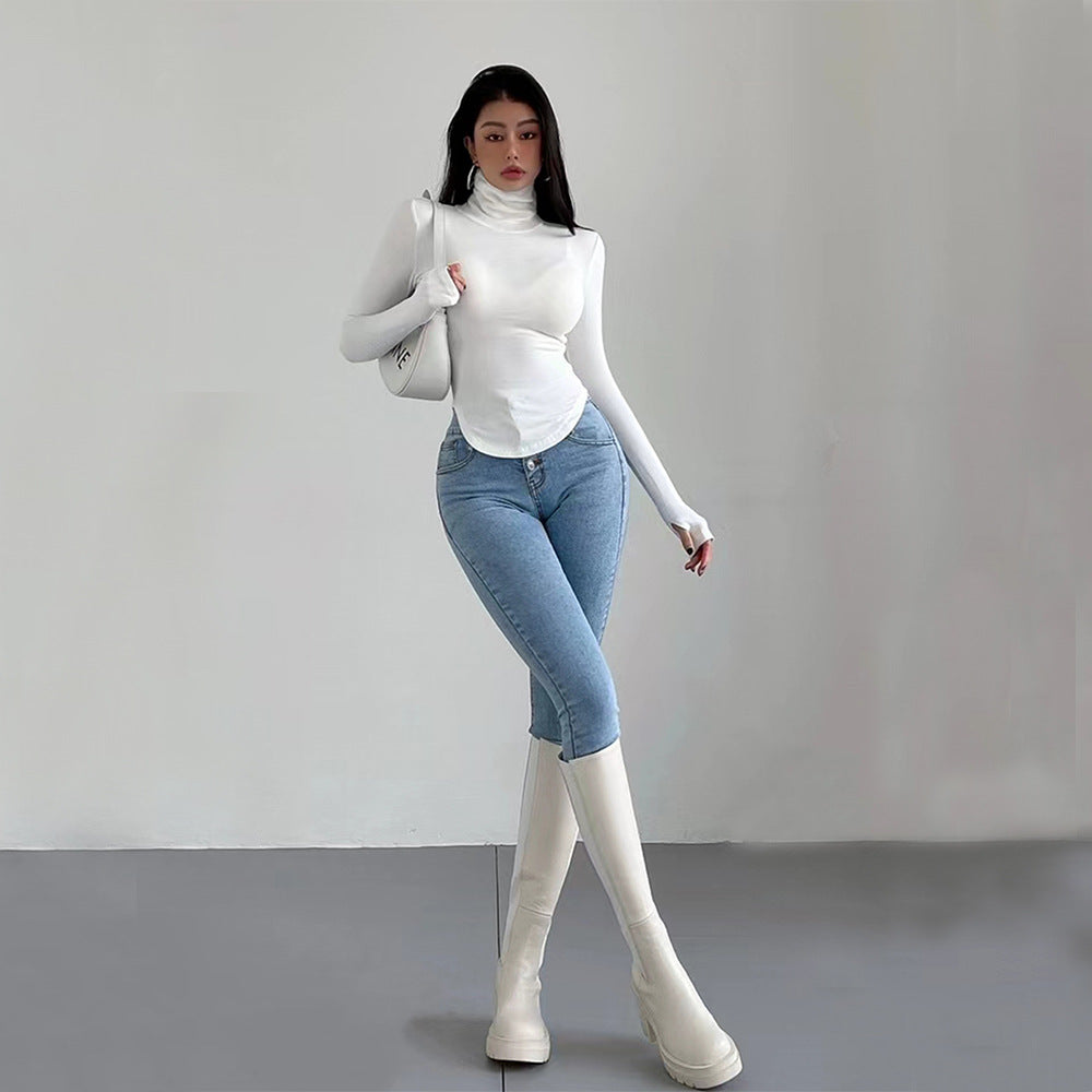Kvinnors Turtleneck Topp Långärmad Elastisk 5