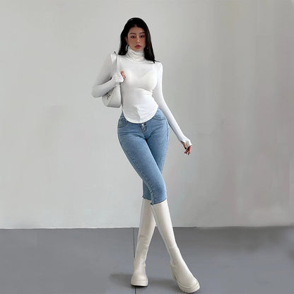 Kvinnors Turtleneck Topp Långärmad Elastisk 5