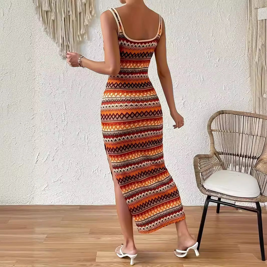 Fina Dam Klänningar Fyrkantig Randig Ärmlös Spandex Maxiklänning-6