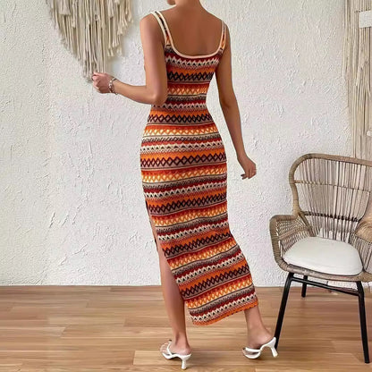 Fina Dam Klänningar Fyrkantig Randig Ärmlös Spandex Maxiklänning-6