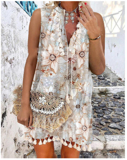 Kvinnors Midi Klänning Ärmlös V-hals Tryckt Polyester 6