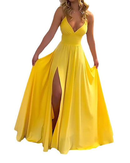 Damklänning A-Linje Spagettiband Polyester med Flikkant-1