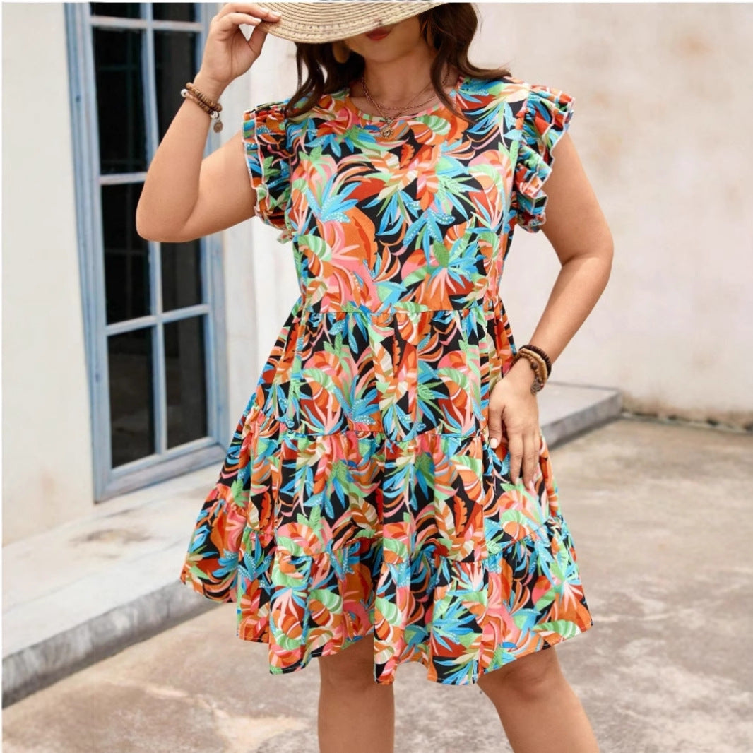 Kvinna Midi Klänning Blommönster Polyester-3