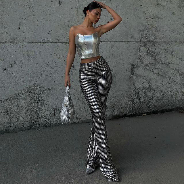 Dam Glitterbyxor Hög Midja Glittrande Elastiskt Tyg 3