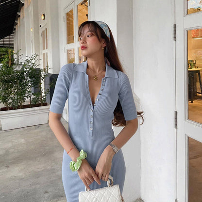 Kvinnors Klänning Rak Skärning Polyester Med Knappfront och Elastisk Midja-5