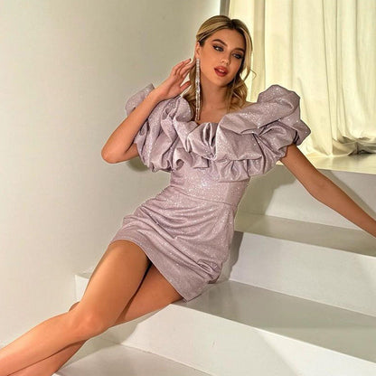 Kvinnors Glittrig Miniklänning Off-Shoulder med Ruffles Elastiskt Tyg 4