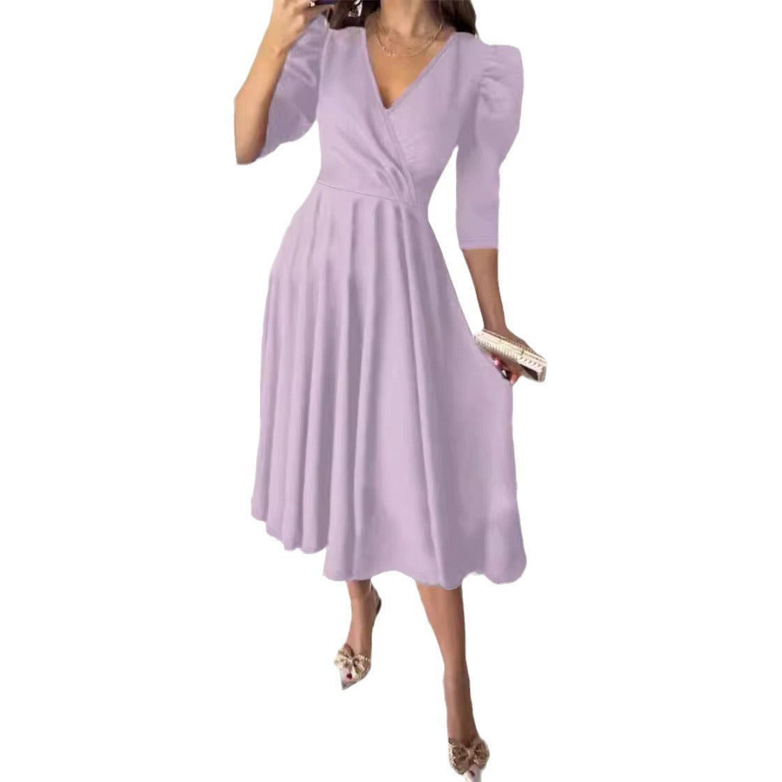 Dam Klänning med Veckad Midja och Tre-Fjärdedels Ärmar i Polyester-5
