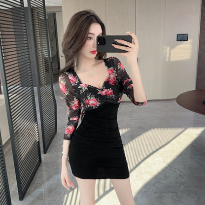 Dam Skarvklänning Kort Långärmad Patchwork Högkvalitativt Tyg-3