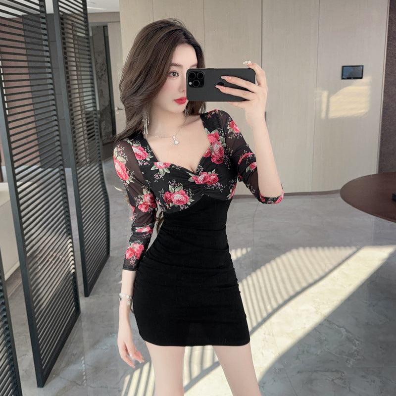 Variant image for Dam Skarvklänning Kort Långärmad Patchwork Högkvalitativt Tyg-4