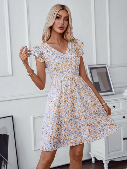 Damklänning A-linjeformad V-ringning Blommönster Polyester Midi-längd-1