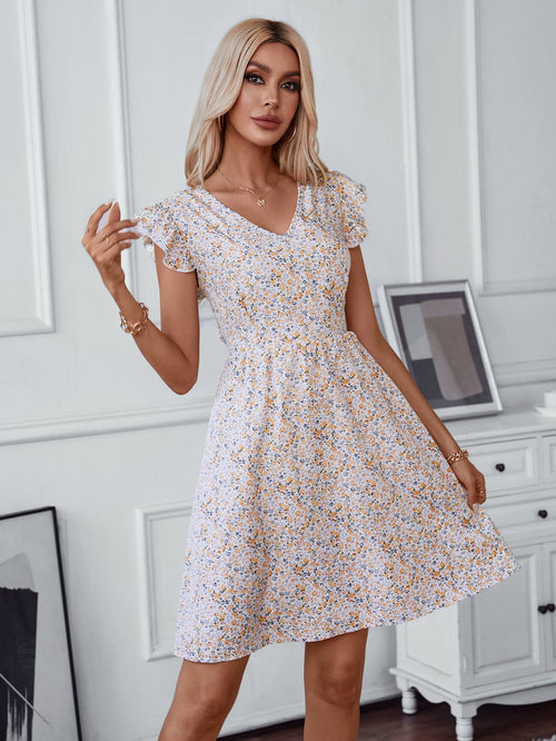 Damklänning A-linjeformad V-ringning Blommönster Polyester Midi-längd-1