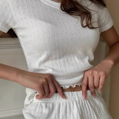 Dam Casual Set Slim Fit Kortärmad Topp Rayon och Bomull Capri Byxor-5