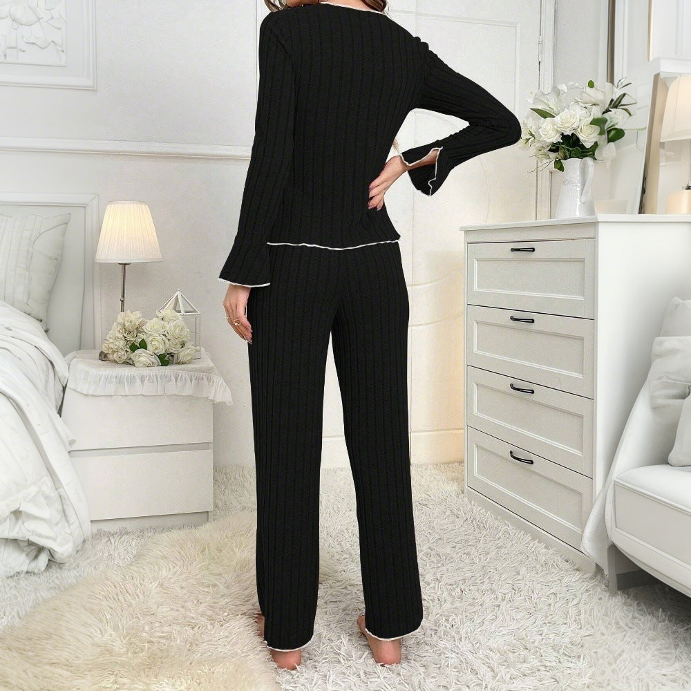 Kvinnors Ribbad Pyjamasuppsättning i Mjuk Fiber – Feminin Passform med Dekorativa Knappar, Maskintvättbar, Flera Färger 3