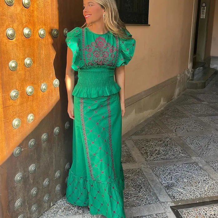Dam Maxiklänning Med Ruffles Och Blommig Broderi Lätt Tyg 2