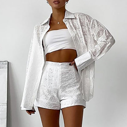 Damkläder Shorts och Långärmad Skjorta i Bomull för Sommar-2