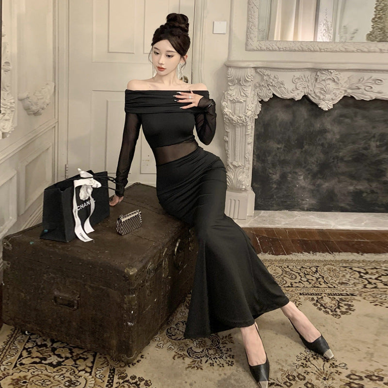 Fina Dam Klänningar Off-Shoulder Mesh med Volanger Lång Kjol-4