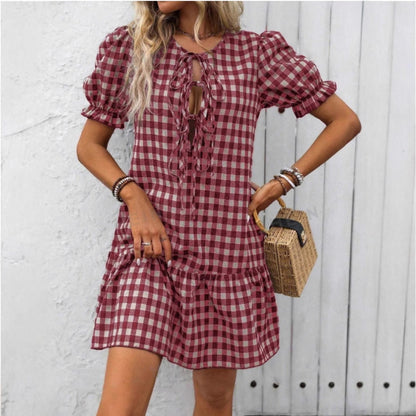 Dam A-Linje Klänning med Snörning i Bomull och Polyester-5